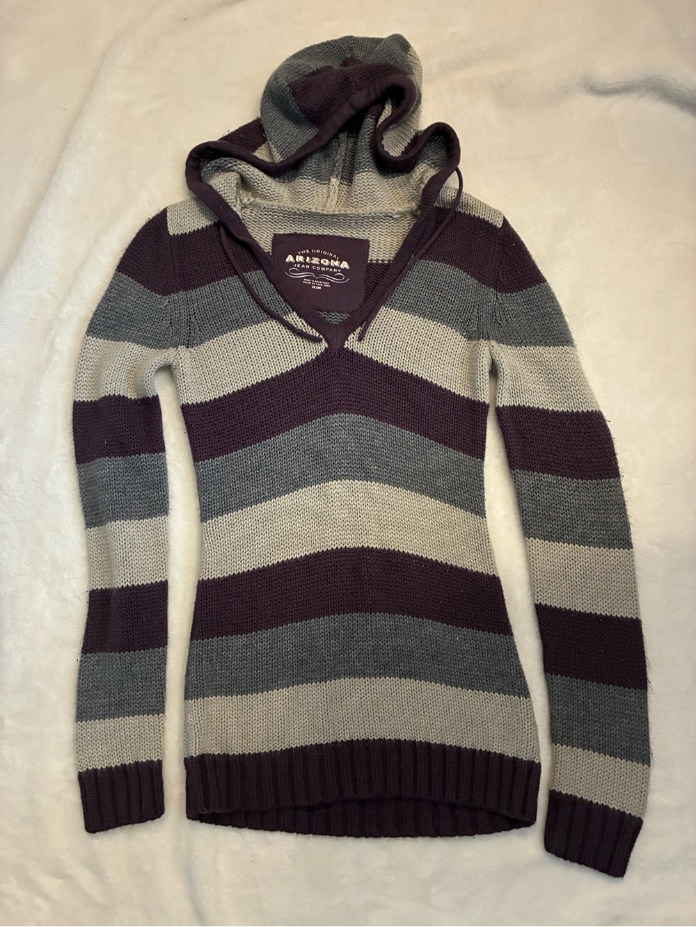 Arizona Jean Company V-Neck Hooded Sweater in Plum and Gray Stripes